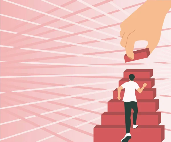 Gentleman Climbing Up Stair Case Trying To Reach Goals Hand Helping Representing Teamwork. Man Running Upwards Big Stairs Defining Progress And Improvement. —  Vetores de Stock