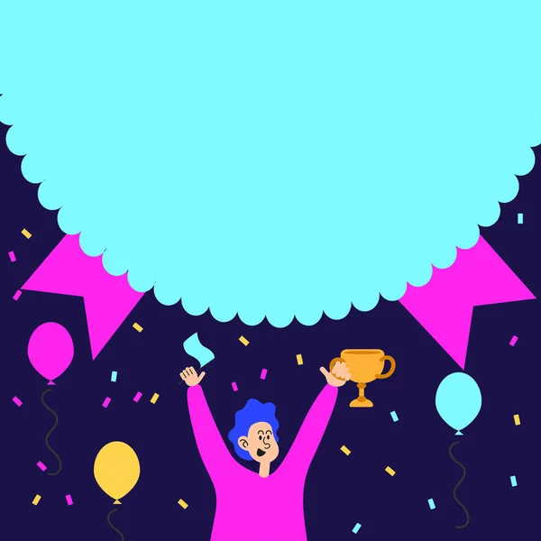 Man Holding Trophy Celebrating Performance Surrounded With Balloons. Happy Person Carrying Flag Achieving Victory Under Large Confetti Spilling Medal . — Stockvektor