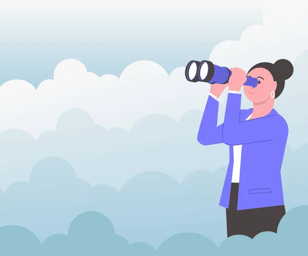 Mujer rodeada de nubes mirando a través del telescopio de mano viendo nuevas oportunidades. Lady al aire libre usando prismáticos observando las aspiraciones Objetivos futuros. — Archivo Imágenes Vectoriales
