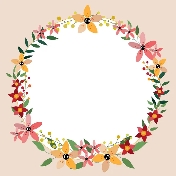 Cadre vierge décoré avec des fleurs colorées et feuillage arrangé harmonieusement. Affiche vide bordure entourée par un bouquet multicolore organisé agréablement. — Image vectorielle