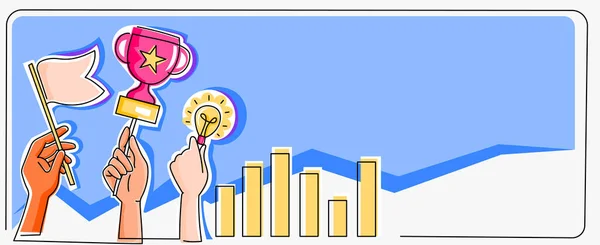 Hands Holding Flag For Goals, Lamp For Ideas And Trophy For Celebrating Success With Graph Bars. Palms Carrying Signs Of New Opinions, Targets And Results —  Vetores de Stock