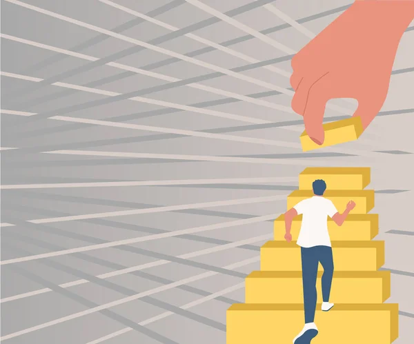 Gentleman šplhání po schodech Případ se snaží dosáhnout cíle Ruční pomoc reprezentující týmovou práci. Muž běží nahoru Velké schody definující pokrok a zlepšení. — Stockový vektor