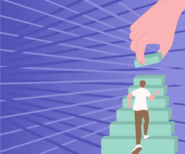 Gentleman Climbing Up Stair Case Trying To Reach Goals Hand Helping Representing Teamwork. Man Running Upwards Big Stairs Defining Progress And Improvement. —  Vetores de Stock