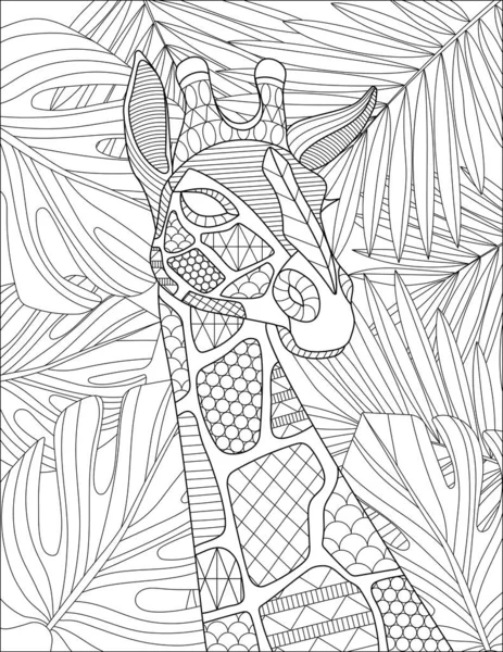 Girrafe línea de dibujo con detalles geométricos y detallado patrón de fondo para colorear libro — Vector de stock