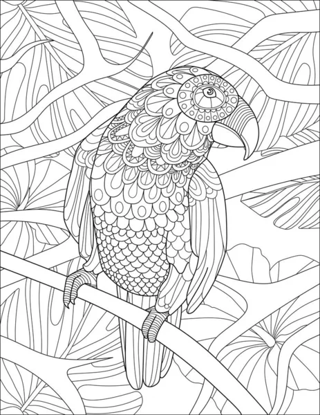 Птах стоїть на дереві гілка лінії малюнок з листям докладний фон розмальовка книга — стоковий вектор