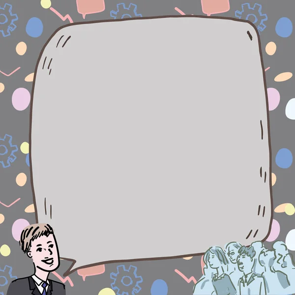 Businessman With Large Speech Bubble Talking To Crowd Presenting New Ideas. School Teacher With Plain Bubble Having Lecture To Students Recent Studies. — Stock vektor