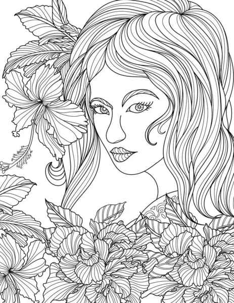Lady Face Line Desenho com cabelo longo rodeado de flores para colorir ideia do livro — Vetor de Stock