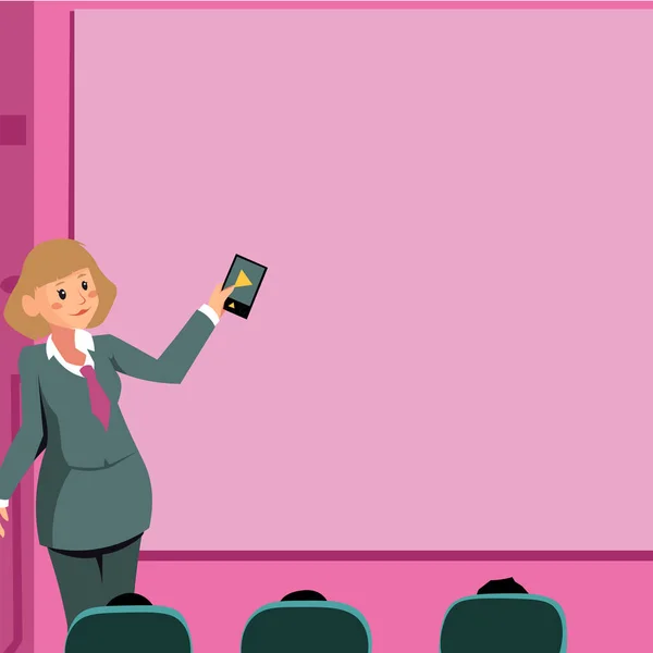 Woman Holding Remote Control Presenting Latest Ideas On Backdrop Screen. Lady Standing In Front Board Giving Presentation Displaying Future Project Strategy Plans. – stockvektor