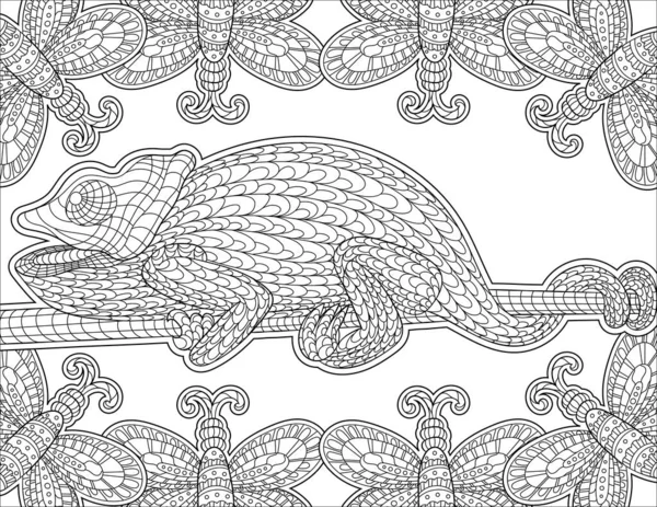 Chameleon Line Drawing Surreounded With Butterfly Frame For Detailed Colouring Book — стоковый вектор