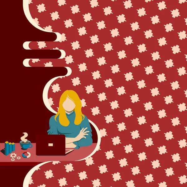 Mujer sentada bebiendo café usando el ordenador portátil Sesión en línea Discutiendo los últimos objetivos del proyecto Gráficos. Chica trabajando en consultoría informática sobre futuras ideas de planes de publicidad. — Archivo Imágenes Vectoriales