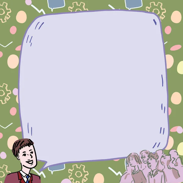 Businessman With Large Speech Bubble Talking To Crowd Presenting New Ideas. School Teacher With Plain Bubble Having Lecture To Students Recent Studies. — Stock vektor