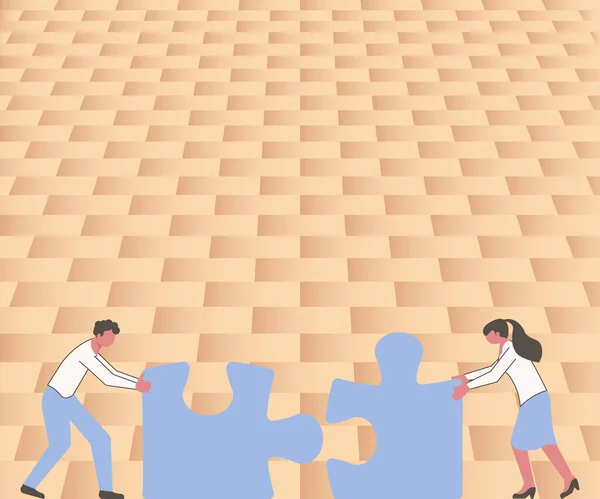 Colleghi che racchiudono due pezzi di puzzle insieme mostrando il lavoro di squadra. Compagni di squadra Trovare gli indizi insieme Visualizzazione della cooperazione di squadra. — Vettoriale Stock