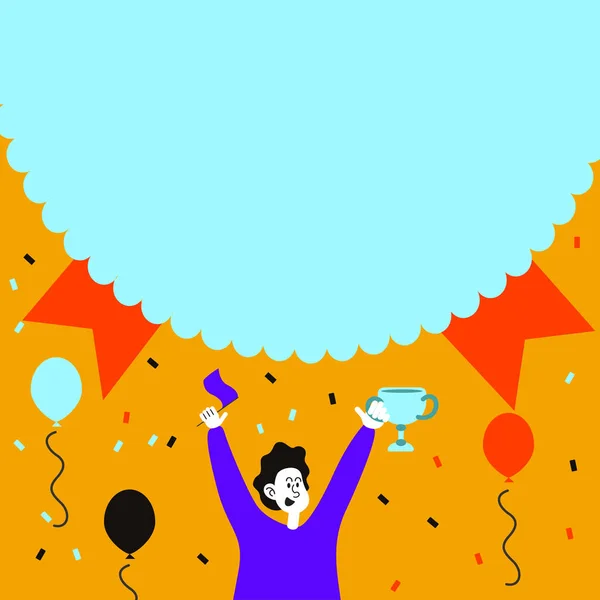 Man Holding Trophy Celebrating Performance Surrounded With Balloons. Happy Person Carrying Flag Achieving Victory Under Large Confetti Spilling Medal . — Stockvektor