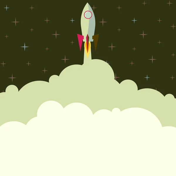 Rocket Ship Launching Fast Straight Up To The Outer Space. Spaceship Drawing Flying High At Sky. Space Shuttle Cartoon Floating At The Air. — Stock Vector