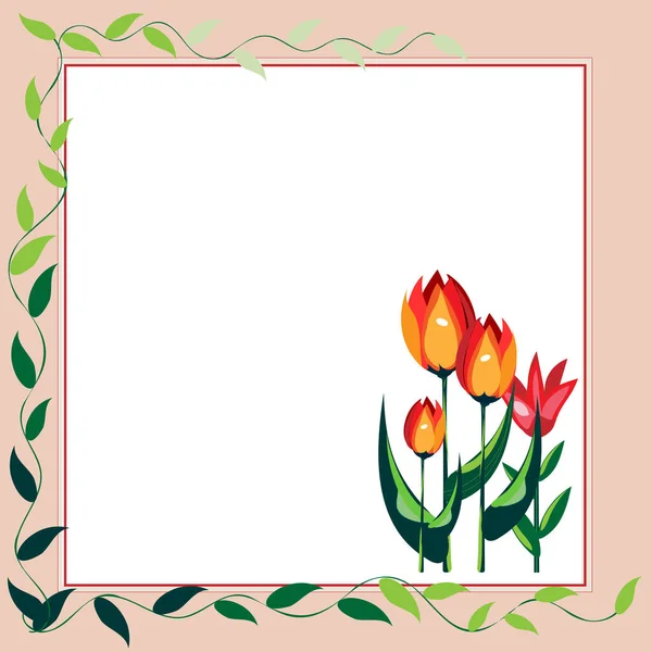 Renkli çiçekler ve ahenkli düzenlenmiş yeşilliklerle süslenmiş boş bir çerçeve. Boş Poster Sınırı Çevrili Çok Renkli Buket Düzenli Keyifle. — Stok Vektör