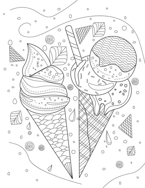 Two Ice Cream Cones With Background Of Falling Frost And Chocolate Chips Line Drawing Coloring Book —  Vetores de Stock