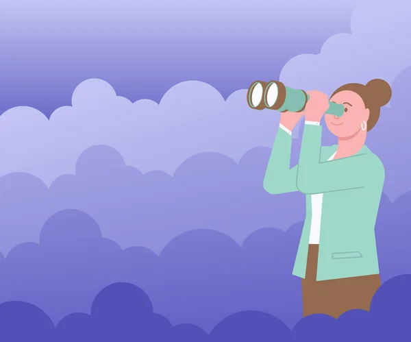 Mujer rodeada de nubes mirando a través del telescopio de mano viendo nuevas oportunidades. Lady al aire libre usando prismáticos observando las aspiraciones Objetivos futuros. — Vector de stock