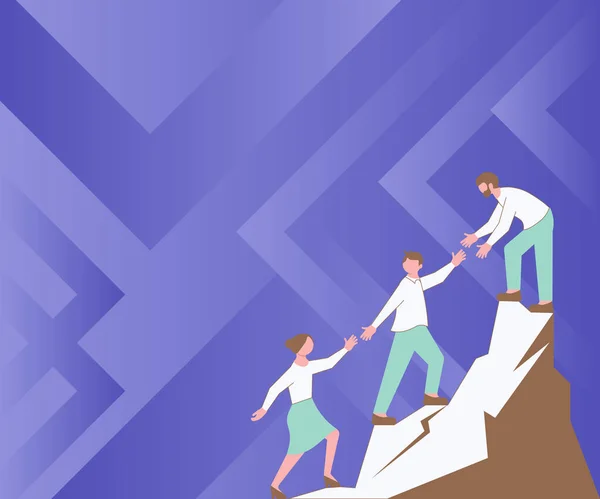 Thee Colleagues Climbing Upwards Mountain Reaching Success Presenting Teamwork. Partners Walking Up Peak Achieving Progress Presenting Combined Effort. — Stock vektor