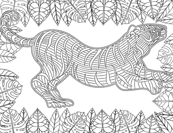 Tiger Line Drawing Surreounded With Flower Frame For Detail Colouring Book - Stok Vektor