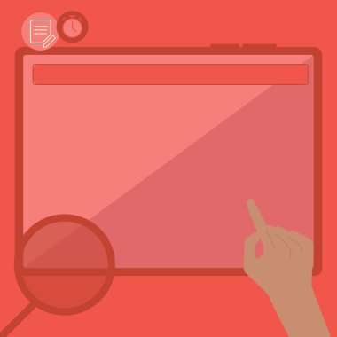 Yeni şaşırtıcı fikirler için büyük tablet arama planları kullanan bir elin tasviri. Palm Holding Büyük Çizim Pad Proje için Eski Harika Haberleri Buluyor.