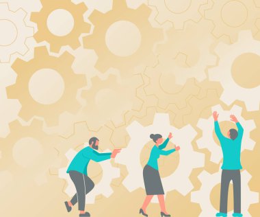 En Yeni Çalışma Akımı Takımını Ayarlayan Üç İkili Tekerlek Taşıyan Meslektaşlar. Partners Holding Gears Set Geleceğin Sistemleri Sunar Birleşik Çaba.