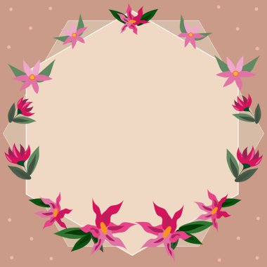 Renkli çiçekler ve ahenkli düzenlenmiş yeşilliklerle süslenmiş boş bir çerçeve. Boş Poster Sınırı Çevrili Çok Renkli Buket Düzenli Keyifle.