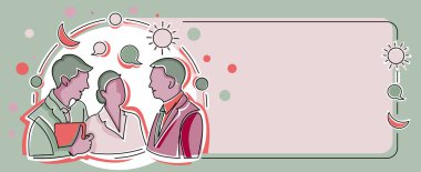 Üç meslektaşım konuşma balonlarıyla düşüncelerini paylaşıyor ve çeşitli S. takım arkadaşları iş yerinde yeni başarı hikayelerini paylaşıyor..