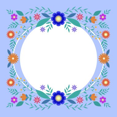 Renkli çiçekler ve ahenkli düzenlenmiş yeşilliklerle süslenmiş boş bir çerçeve. Boş Poster Sınırı Çevrili Çok Renkli Buket Düzenli Keyifle.