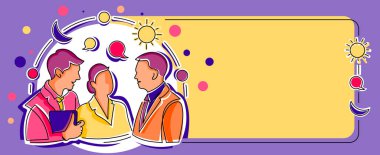 Üç meslektaşım konuşma balonlarıyla düşüncelerini paylaşıyor ve çeşitli S. takım arkadaşları iş yerinde yeni başarı hikayelerini paylaşıyor..