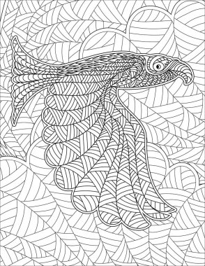 Giant Hawk Spreading Wings In Sky With Detailed Line Drawing Background Pattern Coloring Book