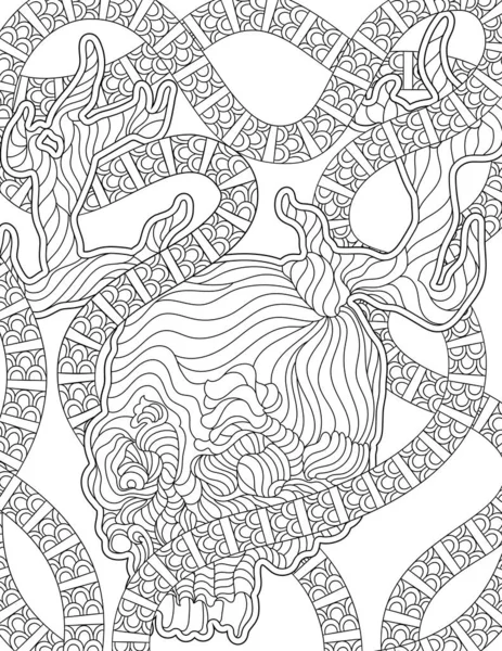 Crâne avec des serpents autour de la ligne de dessin Coloriage livre idée détaillée — Image vectorielle