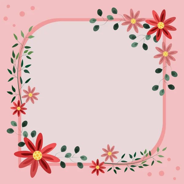 Blank Frame Decorated With Colorful Flowers And Foliage Arranged Harmoniously. Empty Poster Border Surrounded By Multicolored Bouquet Organized Pleasantly. — Vetor de Stock