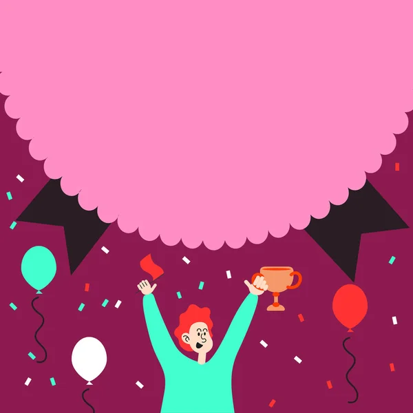 Man Holding Trophy Celebrating Performance Surrounded With Balloons. Happy Person Carrying Flag Achieving Victory Under Large Confetti Spilling Medal . — Stockvektor