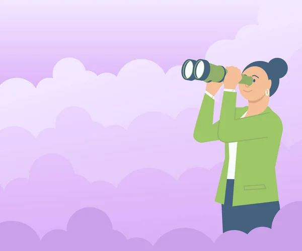 Mujer rodeada de nubes mirando a través del telescopio de mano viendo nuevas oportunidades. Lady al aire libre usando prismáticos observando las aspiraciones Objetivos futuros. — Archivo Imágenes Vectoriales