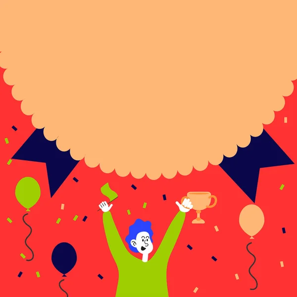 Man Holding Trophy Celebrating Performance Surrounded With Balloons. Happy Person Carrying Flag Achieving Victory Under Large Confetti Spilling Medal . — 图库矢量图片