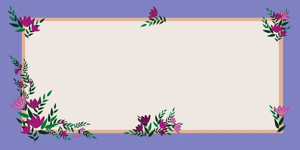 Blank Frame Decorated With Colorful Flowers and Foliage Arorous Harmoniously 라는 제목으로 장식되어 있다. 화려하게 조직된 다채 로운 부케 로 둘러싸인 텅 빈 포스터 국경. — 스톡 벡터