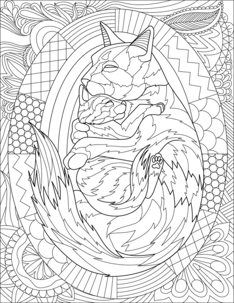 Cat Mother Line Drawing Holding Small Kitten Surrounded With A Detailed Pattern Coloring Book — Archivo Imágenes Vectoriales
