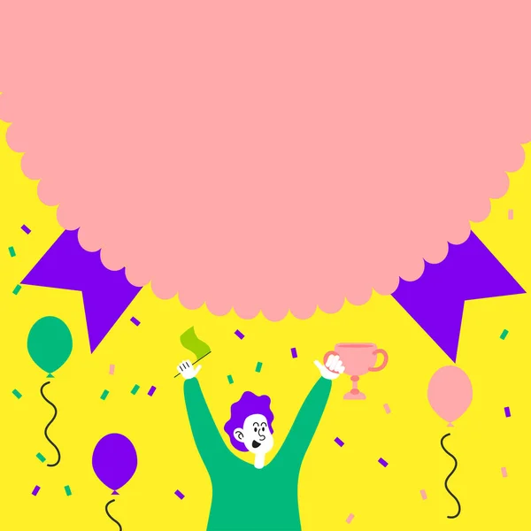 Man Holding Trophy Celebrating Performance Surrounded With Balloons. Happy Person Carrying Flag Achieving Victory Under Large Confetti Spilling Medal . — Stock Vector