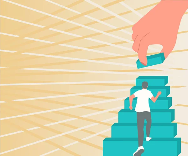 Gentleman klättring uppför trappan fall försöker nå mål Hand hjälpa representera lagarbete. Man kör uppåt stora trappor definierar framsteg och förbättringar. — Stock vektor