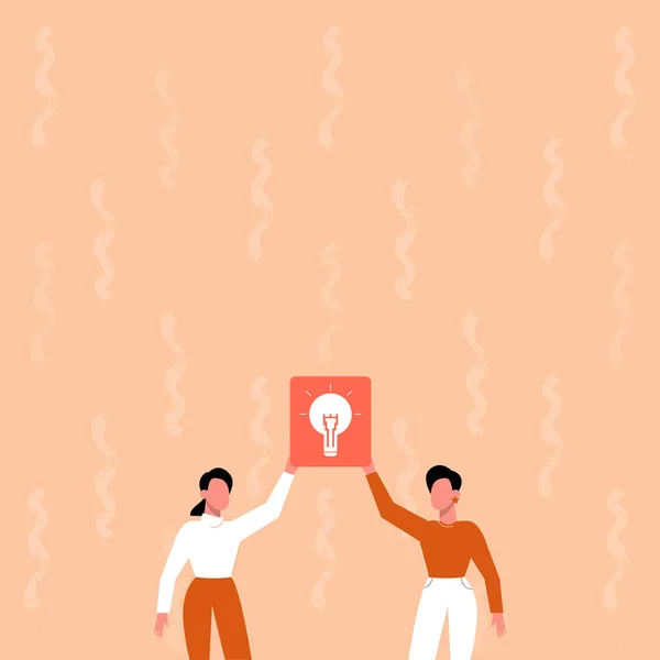 Two Colleagues Holding Lamp Presenting New Achievement Reached. Partners Raising Up Light Bulb Showing New Idea Discovered Sharing Discovery. —  Vetores de Stock
