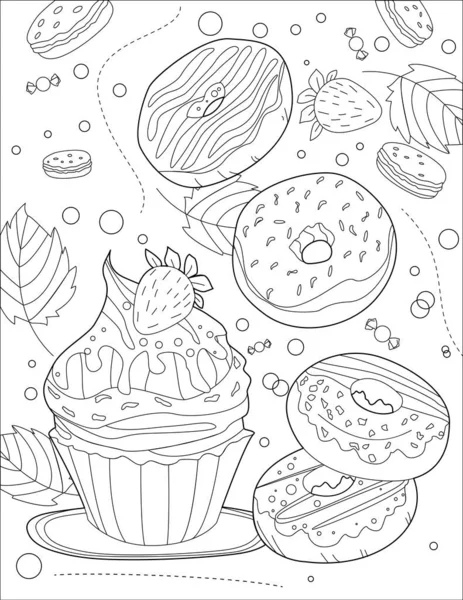 Cupcake grande com donuts de enchimento cobertos com a ideia do livro da coloração do desenho da linha da geada —  Vetores de Stock