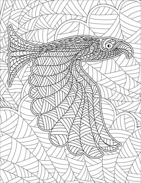 Giant Hawk Spreading Wings In Sky With Detailed Line Drawing Background Pattern Coloring Book — Stock vektor