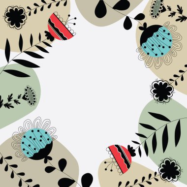 Metin çerçevesi çeşitli çiçek kalpleriyle ve yapraklarla çevrili. Farklı Papatyalar, Kalpler ve Ağaç Yaprakları ile Halkalı Yazma Çerçevesi