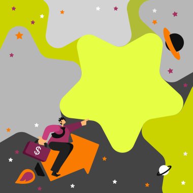 Centilmen Oturan Ok, Finans Başarısını Gösteren Parmak Yıldızı 'nı gösteriyor. Yeni Finans Başarıları Gösteren İşaret Eden El Yıldızlı Gökyüzü.