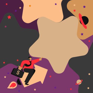 Centilmen Oturan Ok, Finans Başarısını Gösteren Parmak Yıldızı 'nı gösteriyor. Yeni Finans Başarıları Gösteren İşaret Eden El Yıldızlı Gökyüzü.