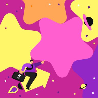 Centilmen Oturan Ok, Finans Başarısını Gösteren Parmak Yıldızı 'nı gösteriyor. Yeni Finans Başarıları Gösteren İşaret Eden El Yıldızlı Gökyüzü.