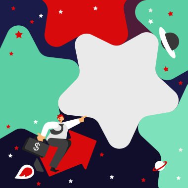 Centilmen Oturan Ok, Finans Başarısını Gösteren Parmak Yıldızı 'nı gösteriyor. Yeni Finans Başarıları Gösteren İşaret Eden El Yıldızlı Gökyüzü.