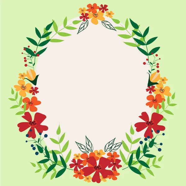 Cornice bianca decorata con fiori colorati e fogliame disposti armoniosamente. Confine Poster vuoto circondato da mazzo multicolore organizzato piacevolmente. — Vettoriale Stock