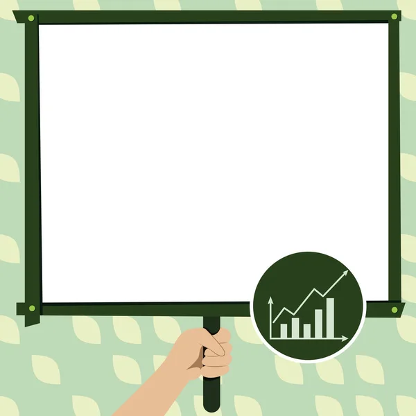 Hand Holding Panel Board Visualizza le ultime strategie di crescita finanziaria di successo. Palmo che trasporta lo schermo dello sfondo che presenta i più nuovi piani di avanzamento di finanziamento. — Vettoriale Stock