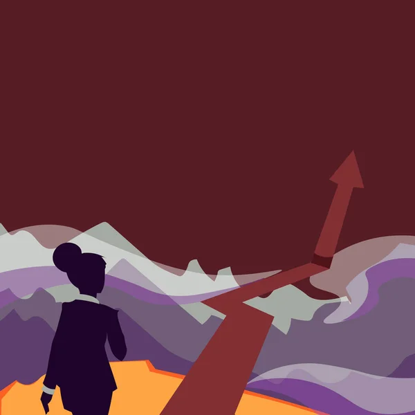 Lady caminando hacia las montañas con una flecha marcando el éxito. Mujer de negocios marchando hacia su logro con una gran marca para las colinas. — Archivo Imágenes Vectoriales